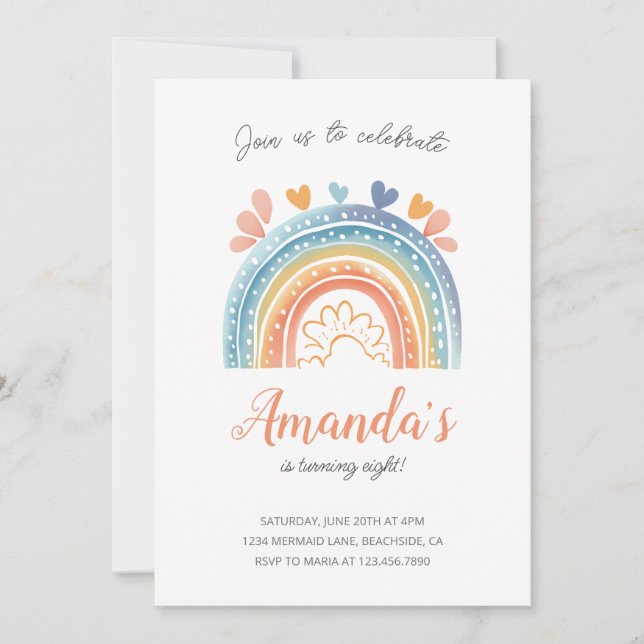 Invitation Boho Pastel Rainbow Girl's Birthday Party (Devant)
