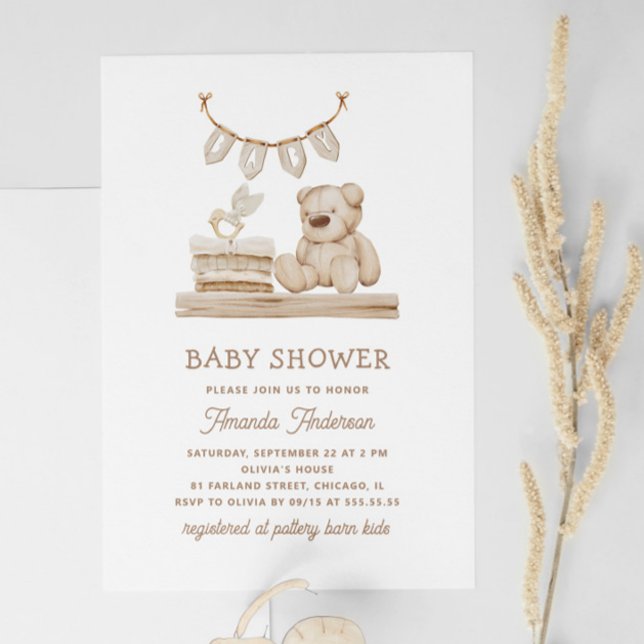Invitation Boho Pastel Teddy Bear | Baby shower neutre souple (Créateur téléchargé)