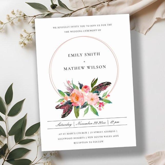 INVITATION BOHO PAYS FEATHER BLUSH FLORAL WREATH MARIAGE (Créateur téléchargé)
