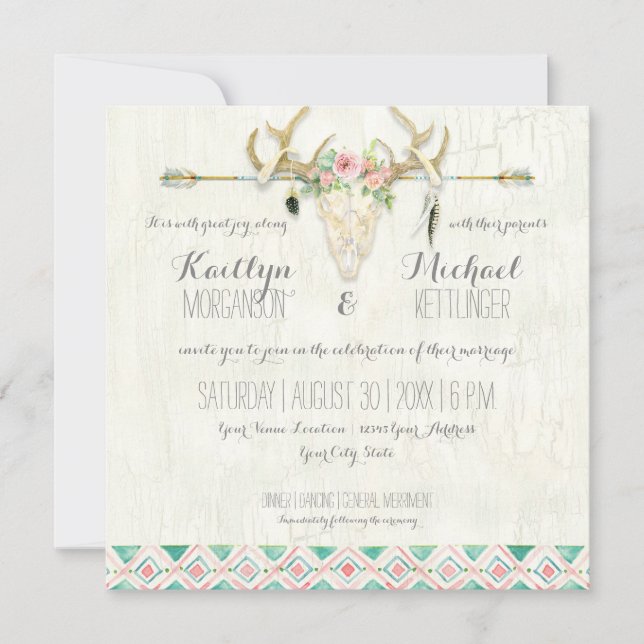 Invitation BOHO Pays Rustique Floral Cerf Crâne Antler Arrow (Devant)
