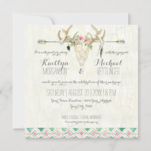Invitation BOHO Pays Rustique Floral Cerf Crâne Antler Arrow