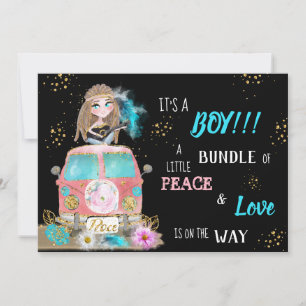 Invitation * Boho Peace & Love Hippie Car Bus Baby Boy 