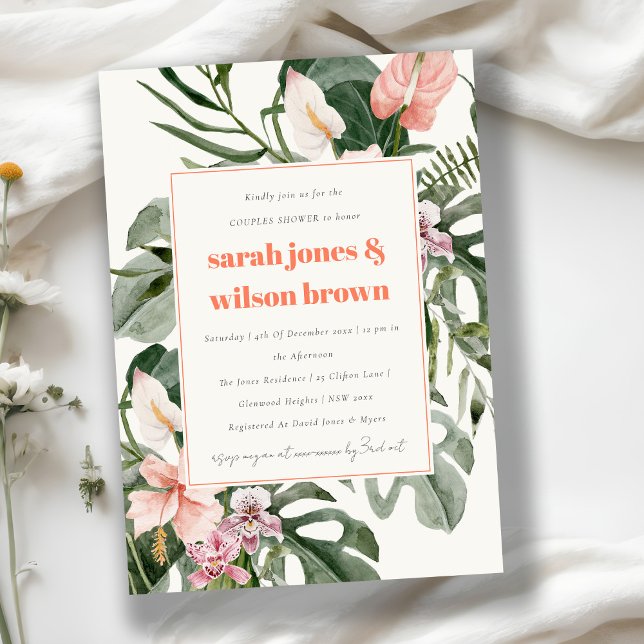 Invitation Boho Peach Blush Tropical Floral Couples Douche (Créateur téléchargé)