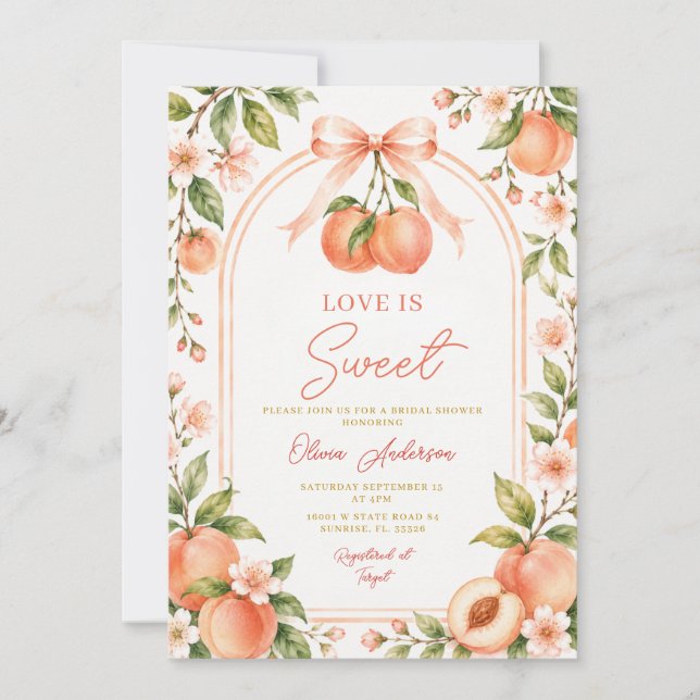 Invitation Boho Peach Bow Love is Sweet Mariage Floral (Devant)