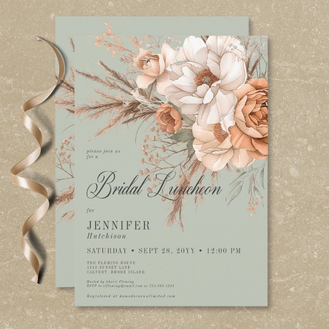 Invitation Boho Peach & Cream Floral Green Bridal Luncheon (Boho Peach & Cream Floral Green Bridal Luncheon Invitation)