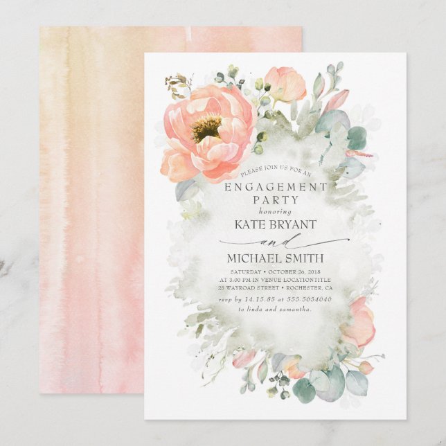 Invitation Boho Peach Flowers Elégant Garden Engagement Party (Devant / Derrière)