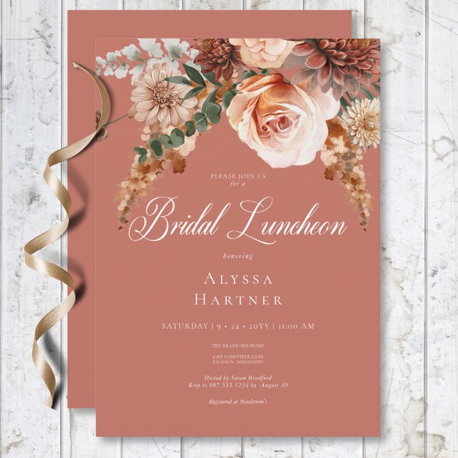 Invitation Boho Peach & Rust Floral Rust Réception de Mariage (Boho Peach & Rust Floral Rust Bridal Luncheon Invitation)