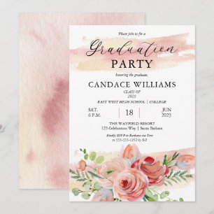 Invitation Boho Peach Watercolor Floral Graduation Party