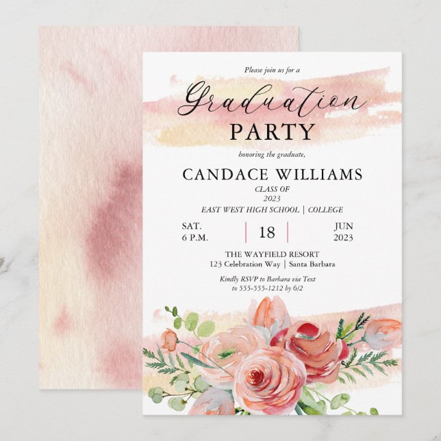 Invitation Boho Peach Watercolor Floral Graduation Party (Devant / Derrière)