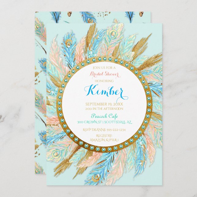 Invitation Boho Peacock Feathers Mint Peach Gold Turquoise (Devant / Derrière)