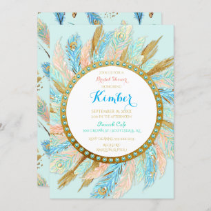 Invitation Boho Peacock Feathers Mint Peach Gold Turquoise