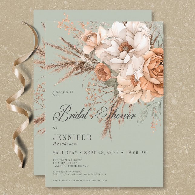 Invitation Boho Péché & Crème Floral Vert Baby Shower Mariage (Boho Peach & Cream Floral Green Bridal Shower Invitation)