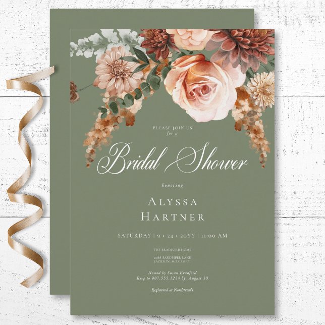 Invitation Boho Pêche et Rouille Floral Vert Sauge Baby Showe (Boho Peach & Rust Floral Sage Green Bridal Shower Invitation)