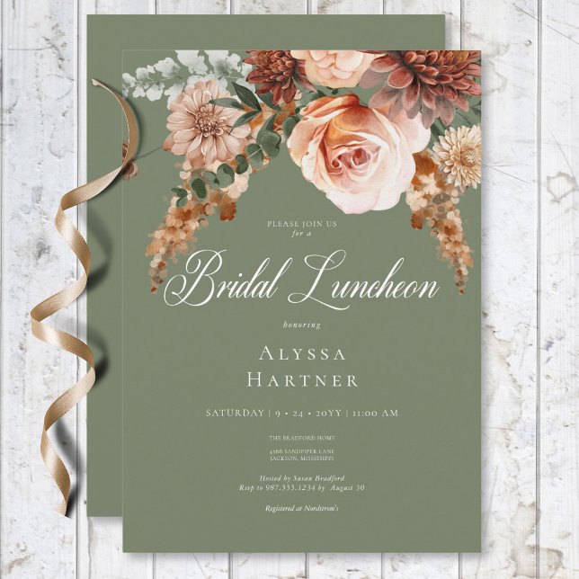 Invitation Boho Pêche et Rouille Floral Vert Sauge Déjeuner d (Boho Peach & Rust Floral Sage Green Bridal Lunch Invitation)