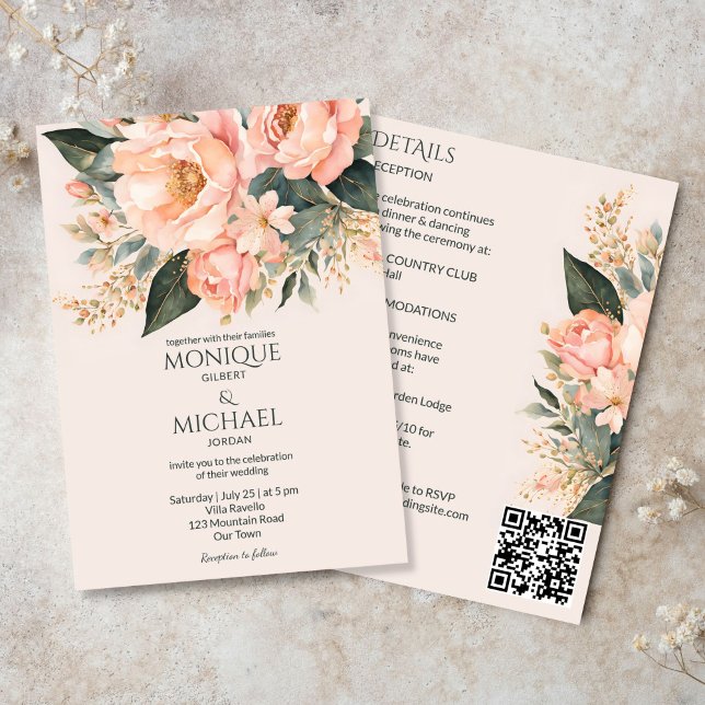 Invitation Boho pêche la terre fleurie tout en un seul mariag (Boho peach earthy floral all in one wedding invitation template digital download spring summer)