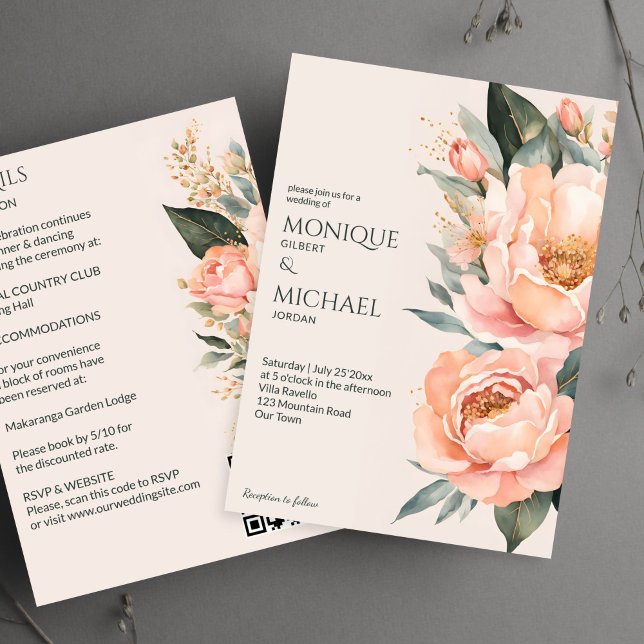 Invitation Boho pêche la terre fleurie tout en un seul mariag (Boho peach earthy floral all in one wedding invitation template digital download summer flowers)