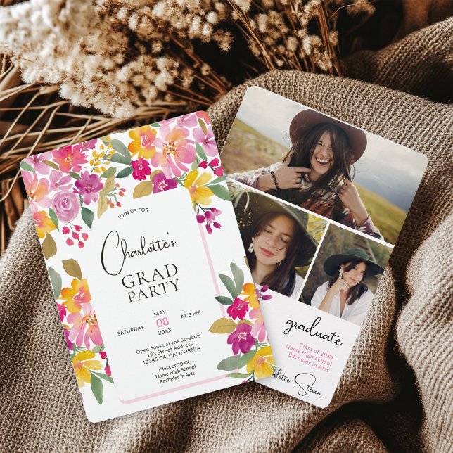 Invitation Boho Peint à la main Boho Floral 3-Photo Graduatio (Boho Hand-Painted Boho Floral 3-Photo Graduation Invitation)
