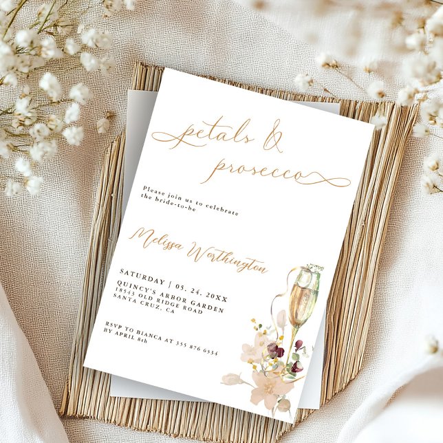 Invitation Boho Pétales & Prosecco Écriture Élégante pour Ent (Créateur téléchargé)