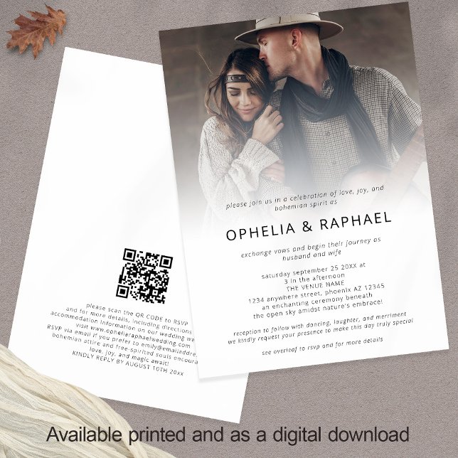 Invitation Boho Photo Overlay QR Code Mariage de Bohême (Front and back view)
