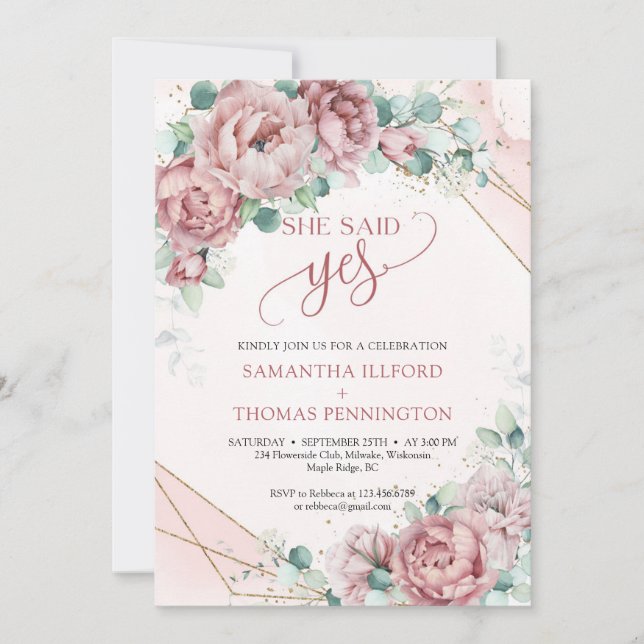 Invitation Boho pies rose poussiéreux eucalyptus elle a dit o (Devant)