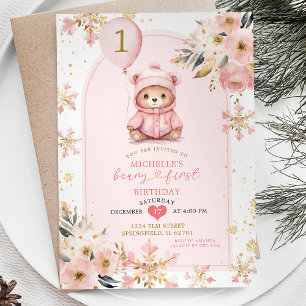 Invitation Boho Pink Beary Premier hiver Anniversaire Floral