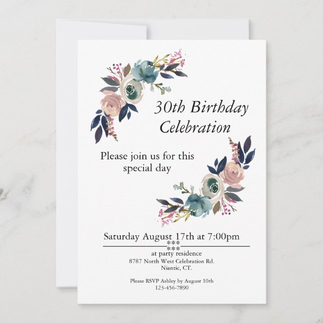 Invitation Boho Pink Blue Blush personnalisable 30e anniversa (Devant)