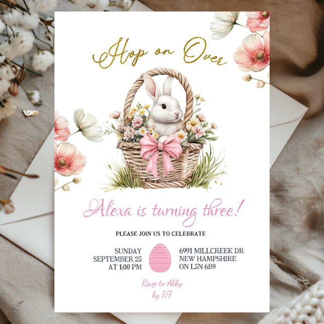 Invitation Boho Pink Bow Floral Easter Bunny Birthday (Créateur téléchargé)