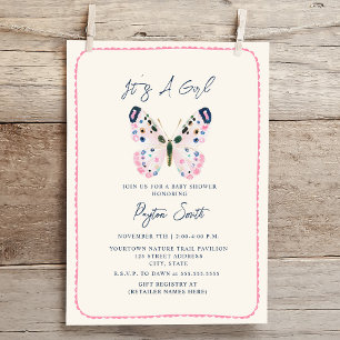 Invitation Boho Pink Butterfly Doodle Bordure Baby shower fil