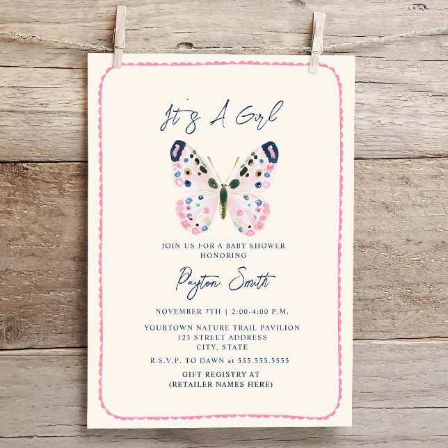 Invitation Boho Pink Butterfly Doodle Bordure Baby shower fil (Créateur téléchargé)