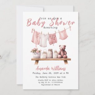 Invitation Boho Pink Clothesline Sweet Baby Girl Baby shower