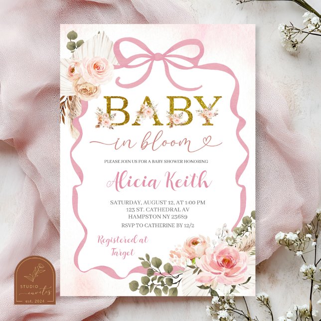 Invitation Boho Pink Coquette Pampas Grass Baby Shower Baby i (Créateur téléchargé)