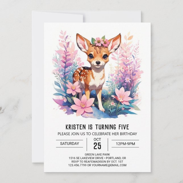 Invitation Boho Pink Deer Fête Fille Anniversaire (Devant)