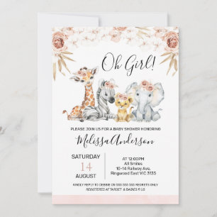 Invitation Boho Pink Floral avec Baby shower Safari en feuill