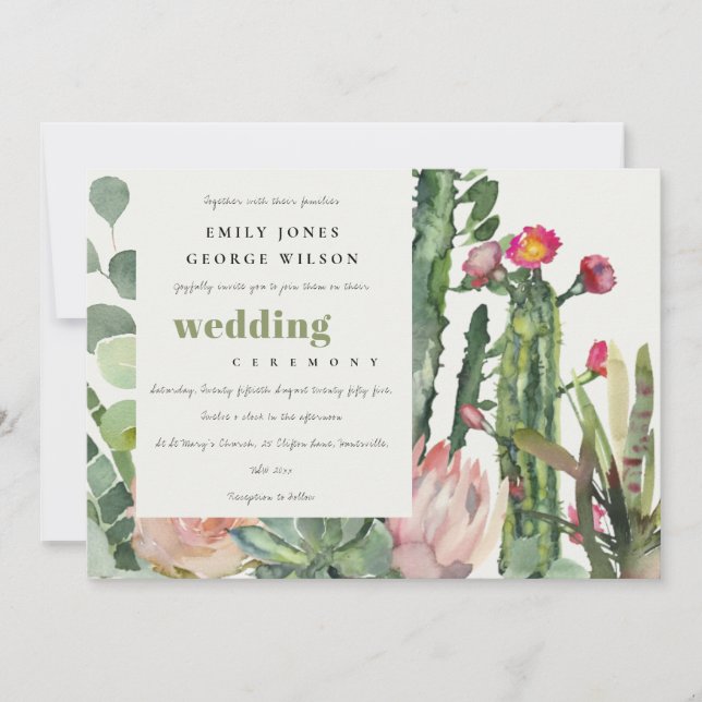 INVITATION BOHO PINK FLORAL CACTI FAUNA MARIAGE DE COULEUR D' (Devant)
