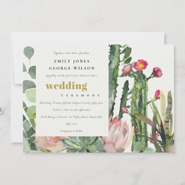INVITATION BOHO PINK FLORAL CACTI FAUNA MARIAGE DE COULEUR D' (Devant)