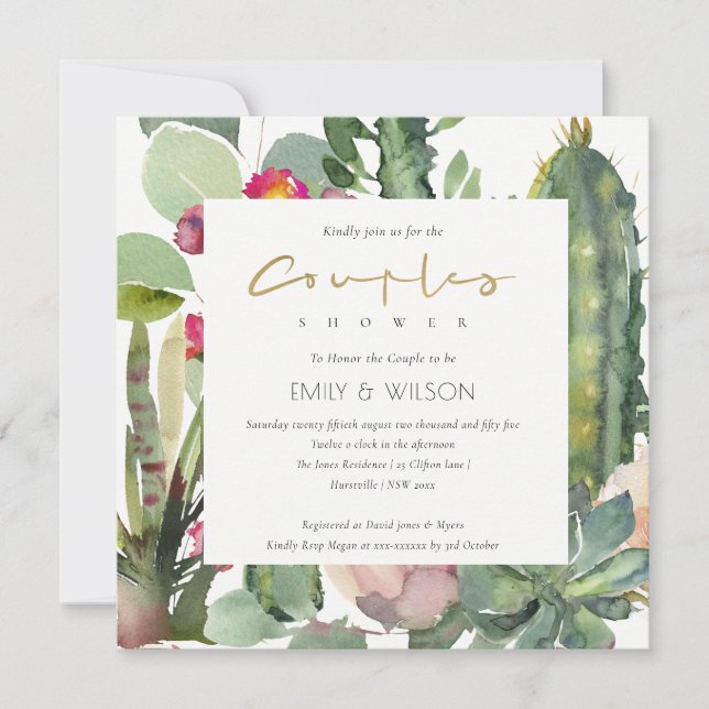 INVITATION BOHO PINK FLORAL CACTI FOLIAGE COUPLES DOUCHE (Devant)