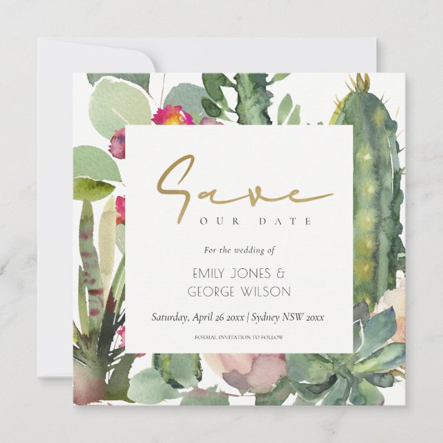 INVITATION BOHO PINK FLORAL CACTI FOLIAGE ENREGISTRER LA DATE (Devant)