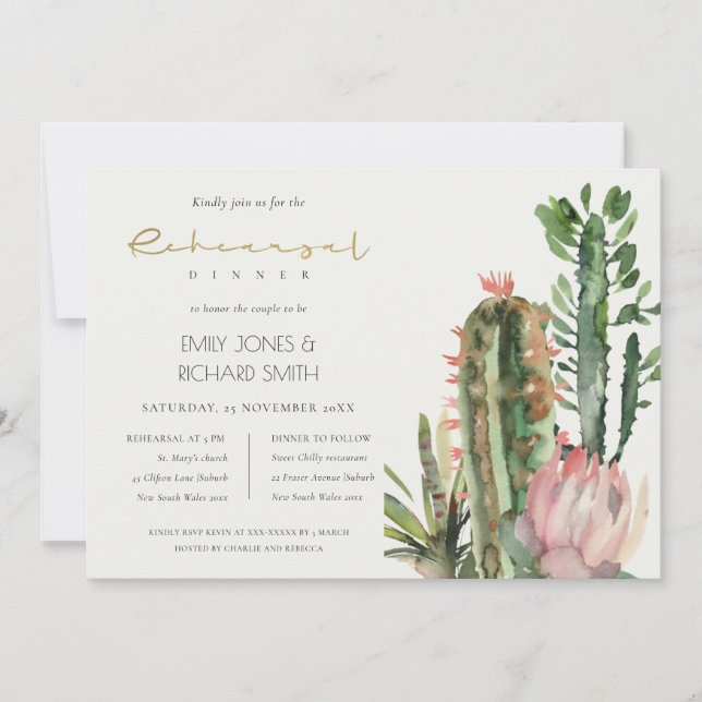 INVITATION BOHO PINK FLORAL CACTI FOLIAGE RÉPÉTITION DÎNER DA (Devant)