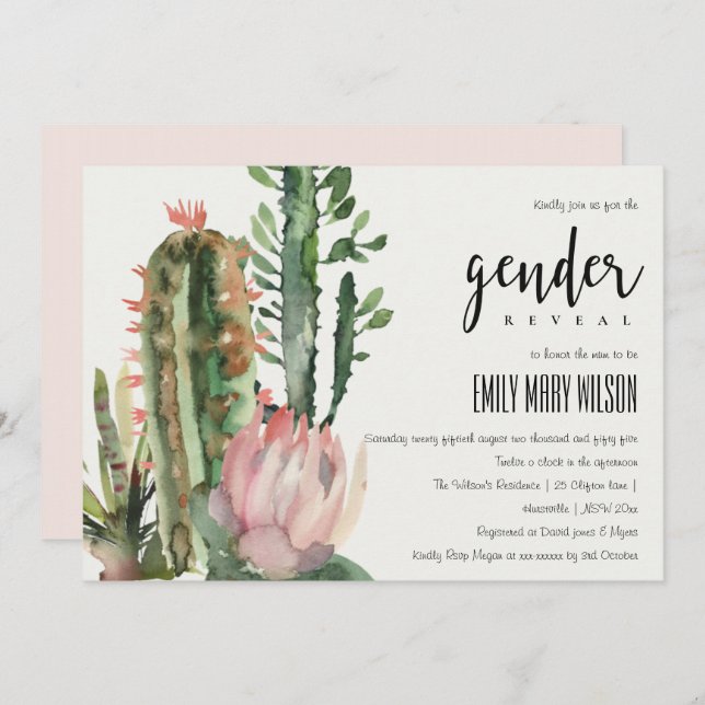 INVITATION BOHO PINK FLORAL DESERT CACTI FAUNA GENDER REVETIN (Devant / Derrière)