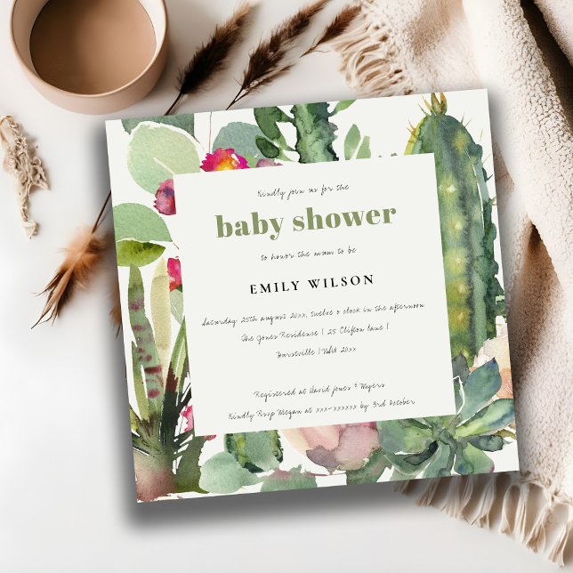 INVITATION BOHO PINK FLORAL DESERT CACTI FOLIAGE BABY SHOWER (Créateur téléchargé)
