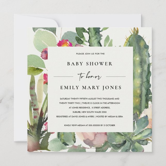 INVITATION BOHO PINK FLORAL DESERT CACTI FOLIAGE BABY SHOWER (Devant)