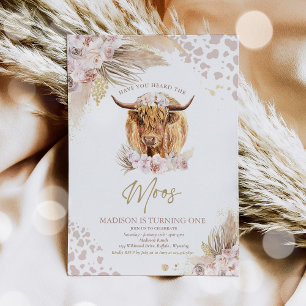 Invitation Boho Pink Floral Pampas Grass Highland Cow Party