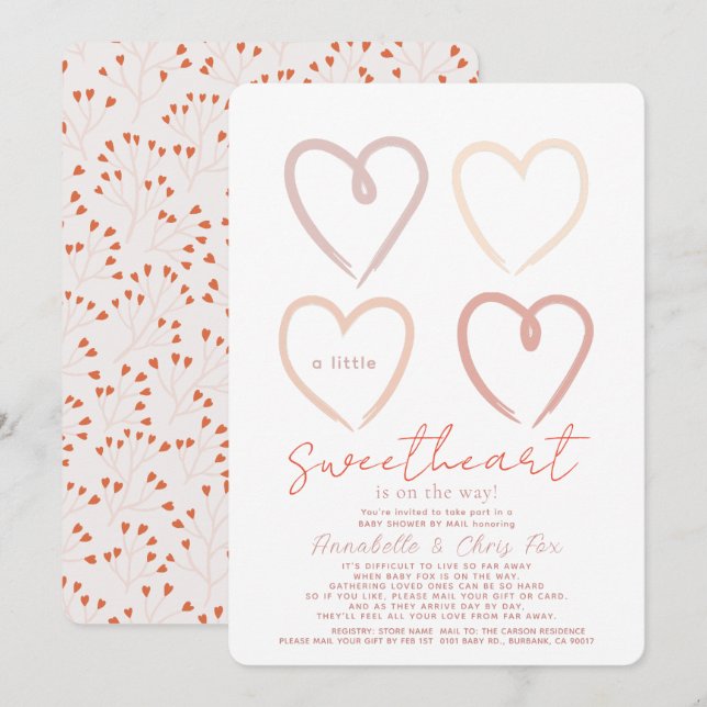 Invitation Boho Pink Hearts Sweetheart Baby shower par courri (Devant / Derrière)