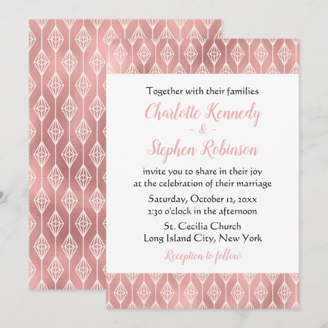 Invitation Boho Pink Mariage Rose Gold Tribal Diamants (Devant / Derrière)