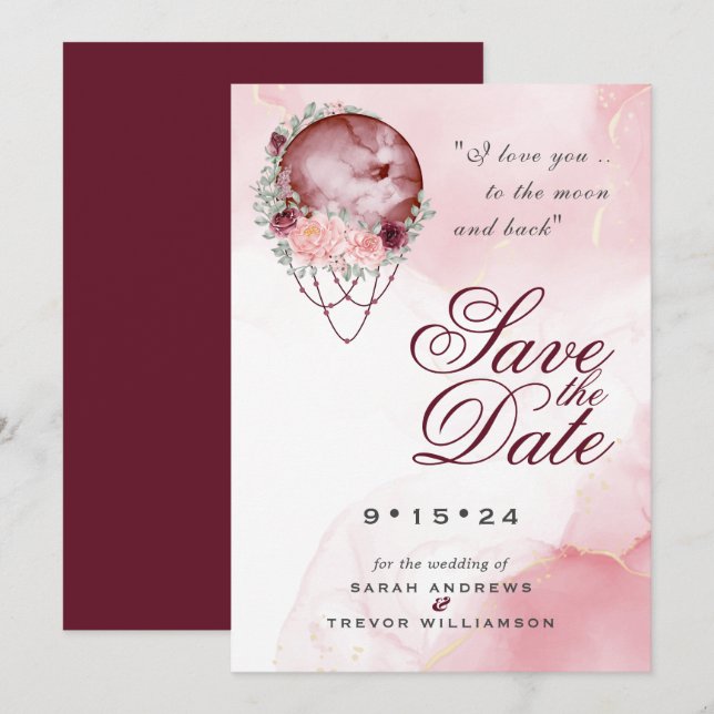 Invitation Boho Pink Maroon Moon Mandala Enregistrer la date (Devant / Derrière)