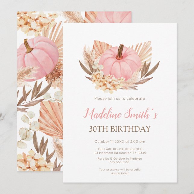 Invitation Boho Pink Pampas Grass Pumpkin Birthday (Devant / Derrière)