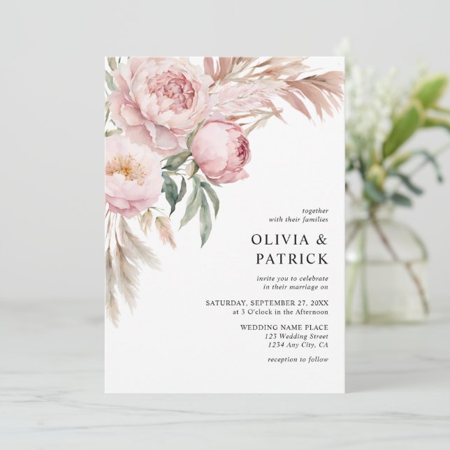 Invitation Boho Pink Peonies & Pampas Grass Mariage Floral (Debout devant)