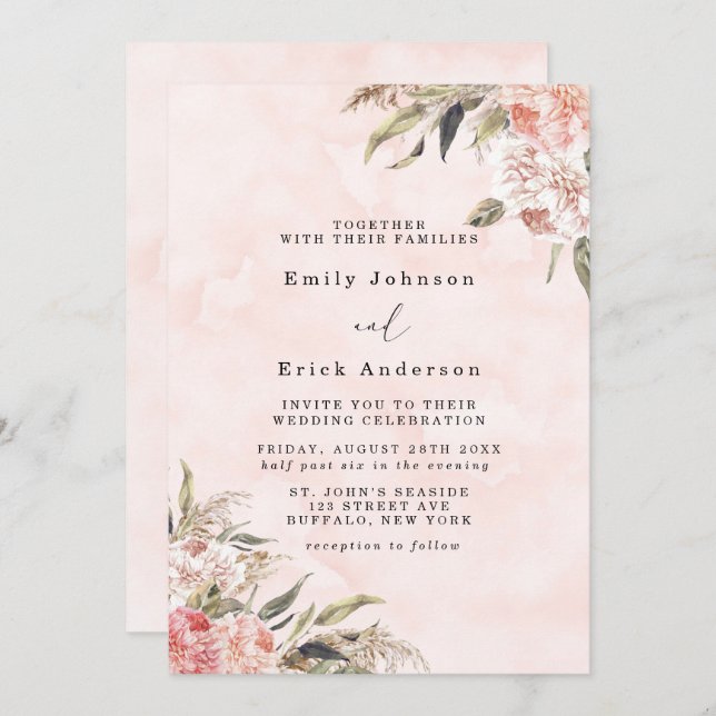 Invitation Boho Pink Peony Pampas Grass Mariage (Devant / Derrière)
