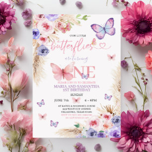 Invitation Boho Pink Purple Papillon 1er Anniversaire Floral