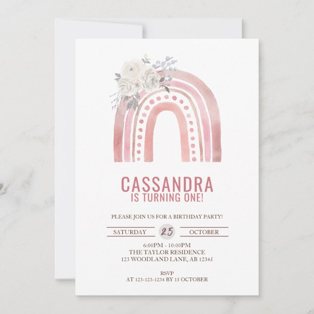 Invitation Boho Pink Rainbow Anniversaire, Rose 1er anniversa (Devant)